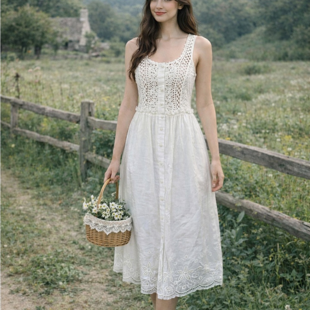 A’Reve Floral Crochet Dress Button-Up 100% Cotton Eyelet Hem Size L Cottagecore